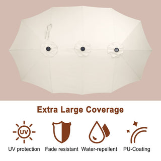 15FT Double-Sided Patio Umbrella with Solar LED String Lights & Base – Day-to-Night Outdoor Shade for Backyard & Pool