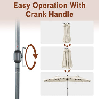 15FT Double-Sided Patio Umbrella with Solar LED String Lights & Base – Day-to-Night Outdoor Shade for Backyard & Pool