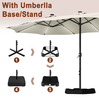 15FT Double-Sided Patio Umbrella with Solar LED String Lights & Base – Day-to-Night Outdoor Shade for Backyard & Pool