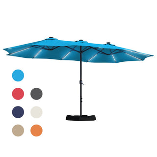 15FT Double-Sided Patio Umbrella with Solar LED String Lights & Base – Day-to-Night Outdoor Shade for Backyard & Pool