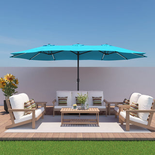 15FT Double-Sided Patio Umbrella with Solar LED String Lights & Base – Day-to-Night Outdoor Shade for Backyard & Pool
