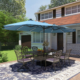 15FT Double-Sided Patio Umbrella with Solar LED String Lights & Base – Day-to-Night Outdoor Shade for Backyard & Pool