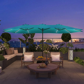 15FT Double-Sided Patio Umbrella with Solar LED String Lights & Base – Day-to-Night Outdoor Shade for Backyard & Pool