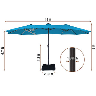 15FT Double-Sided Patio Umbrella with Solar LED String Lights & Base – Day-to-Night Outdoor Shade for Backyard & Pool