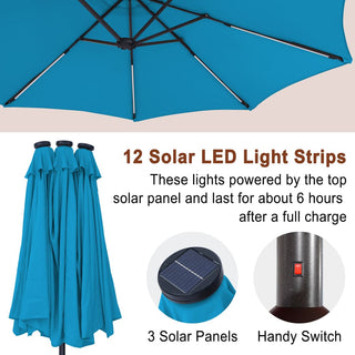 15FT Double-Sided Patio Umbrella with Solar LED String Lights & Base – Day-to-Night Outdoor Shade for Backyard & Pool