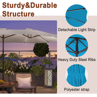15FT Double-Sided Patio Umbrella with Solar LED String Lights & Base – Day-to-Night Outdoor Shade for Backyard & Pool