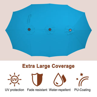 15FT Double-Sided Patio Umbrella with Solar LED String Lights & Base – Day-to-Night Outdoor Shade for Backyard & Pool