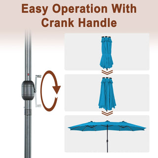15FT Double-Sided Patio Umbrella with Solar LED String Lights & Base – Day-to-Night Outdoor Shade for Backyard & Pool