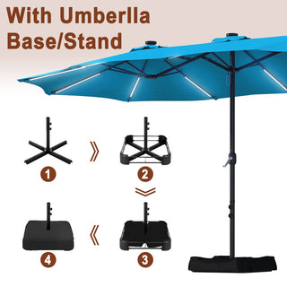 15FT Double-Sided Patio Umbrella with Solar LED String Lights & Base – Day-to-Night Outdoor Shade for Backyard & Pool
