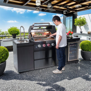 46-Inch Deluxe Outdoor Kitchen BBQ Island Grill, 4-Burner 72,000 BTU Stainless Steel with Wine Cooler, Refrigerator, Rotisserie Kit, Granite Countertop & Sink