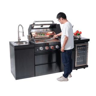 46-Inch Deluxe Outdoor Kitchen BBQ Island Grill, 4-Burner 72,000 BTU Stainless Steel with Wine Cooler, Refrigerator, Rotisserie Kit, Granite Countertop & Sink