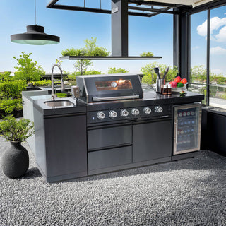 46-Inch Deluxe Outdoor Kitchen BBQ Island Grill, 4-Burner 72,000 BTU Stainless Steel with Wine Cooler, Refrigerator, Rotisserie Kit, Granite Countertop & Sink