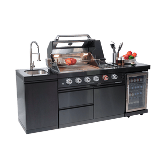 46-Inch Deluxe Outdoor Kitchen BBQ Island Grill, 4-Burner 72,000 BTU Stainless Steel with Wine Cooler, Refrigerator, Rotisserie Kit, Granite Countertop & Sink