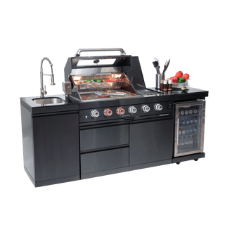 46-Inch Deluxe Outdoor Kitchen BBQ Island Grill, 4-Burner 72,000 BTU Stainless Steel with Wine Cooler, Refrigerator, Rotisserie Kit, Granite Countertop & Sink