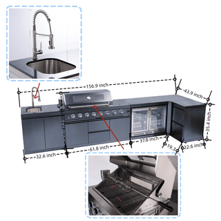 58" Outdoor Kitchen Island with 6-Burner 96,000 BTU Grill, Fridge, Rotisserie & Granite Countertops