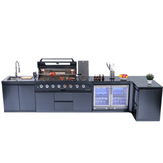 58" Outdoor Kitchen Island with 6-Burner 96,000 BTU Grill, Fridge, Rotisserie & Granite Countertops