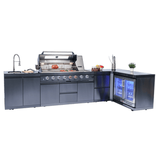58" Outdoor Kitchen Island with 6-Burner 96,000 BTU Grill, Fridge, Rotisserie & Granite Countertops