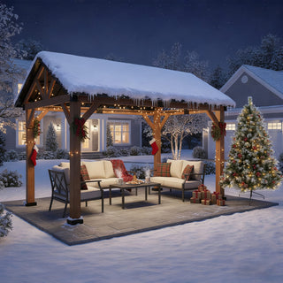 Mondawe 13x11 Hardtop Patio Gazebo – Wood-Grain Aluminum Frame with Curtains & Netting