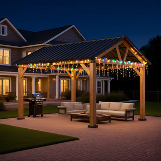 Mondawe 13x11 Hardtop Patio Gazebo – Wood-Grain Aluminum Frame with Curtains & Netting