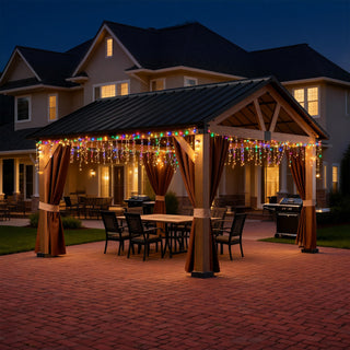 Mondawe 13x11 Hardtop Patio Gazebo – Wood-Grain Aluminum Frame with Curtains & Netting