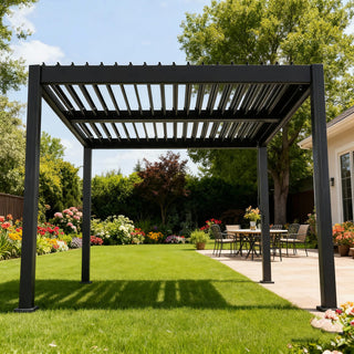 9.75x9.75FT Black Aluminum Outdoor Pergola with Adjustable Louvered Roof, Modern Patio Shade Structure for Garden, Deck & Backyard