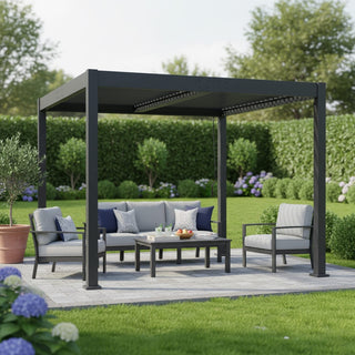 9.75x9.75FT Black Aluminum Outdoor Pergola with Adjustable Louvered Roof, Modern Patio Shade Structure for Garden, Deck & Backyard