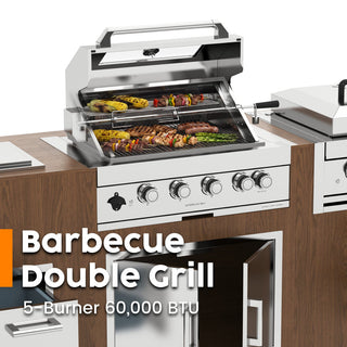 32" Built-In LPG Gas Grill Outdoor Kitchen, 4-Burner 60,000 BTU Stainless Steel Grill with Infrared Rear Burner, Sink, Storage & BBQ Tool Set
