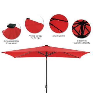 10Ft Outdoor Rectangular Umbrella with 26 Solar-Powered LED Lights, Crank and Tilt