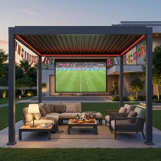 Motorized Aluminum Louvered Pergola with Integrated LED Lights – Modern Adjustable Outdoor Patio Gazebo