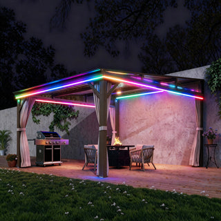 VineLull Outdoor Wall-Mounted Hardtop Pergora with Curtains and Netting