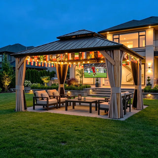 Cedar Frame Gazebo with Galvanized Roof & Curtains