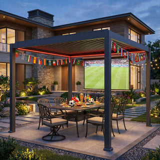 Motorized Aluminum Louvered Pergola with Integrated LED Lights – Modern Adjustable Outdoor Patio Gazebo
