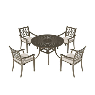 5-Piece Outdoor Patio Dining Set, Cast Aluminum 48" Round Table with Umbrella Hole and 4 Upholstered Chairs