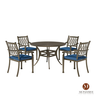 5-Piece Outdoor Patio Dining Set, Cast Aluminum 48" Round Table with Umbrella Hole and 4 Upholstered Chairs