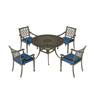 5-Piece Outdoor Patio Dining Set, Cast Aluminum 48" Round Table with Umbrella Hole and 4 Upholstered Chairs