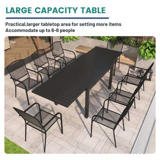 9-Piece Black Metal Patio Dining Set with Extendable Table & Steel Mesh Chairs for Outdoor Garden, Deck & Backyard