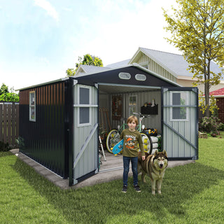 8x8 Ft Outdoor Storage Shed with Protective Coating, 4 Daylight Windows & Lockable Doors, Dual Color Options White/Dark Gray