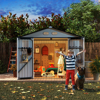 8x8 Ft Outdoor Storage Shed with Protective Coating, 4 Daylight Windows & Lockable Doors, Dual Color Options White/Dark Gray