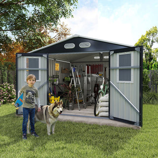 8x8 ft Outdoor Storage Shed with 4 Windows, Lockable Double Doors & Weather-Resistant Steel Frame – Garden Tool Shed