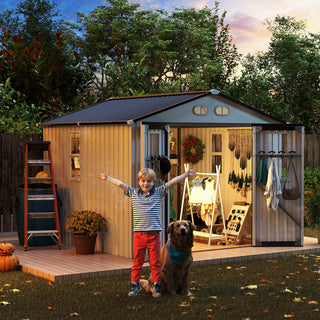 8x8 Ft Outdoor Storage Shed with Protective Coating, 4 Daylight Windows & Lockable Doors, Dual Color Options White/Dark Gray