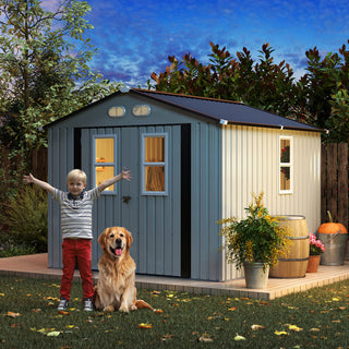 8x8 Ft Outdoor Storage Shed with Protective Coating, 4 Daylight Windows & Lockable Doors, Dual Color Options White/Dark Gray