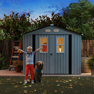 8x8 Ft Outdoor Storage Shed with Protective Coating, 4 Daylight Windows & Lockable Doors, Dual Color Options White/Dark Gray