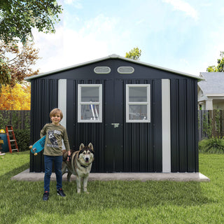 8x8 Ft Outdoor Storage Shed with Protective Coating, 4 Daylight Windows & Lockable Doors, Dual Color Options White/Dark Gray