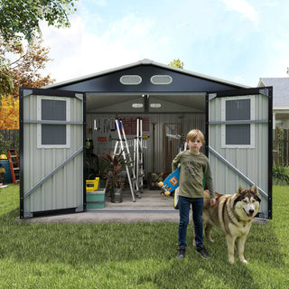 8x8 Ft Outdoor Storage Shed with Protective Coating, 4 Daylight Windows & Lockable Doors, Dual Color Options White/Dark Gray