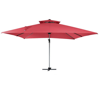 11ft Square Double-Tier Patio Umbrella with LED Lights – Red & Grey Outdoor Market Umbrella (Base Not Included)