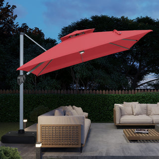 11ft Square Double-Tier Patio Umbrella with LED Lights – Red & Grey Outdoor Market Umbrella (Base Not Included)