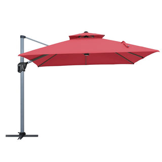 11ft Square Double-Tier Patio Umbrella with LED Lights – Red & Grey Outdoor Market Umbrella (Base Not Included)