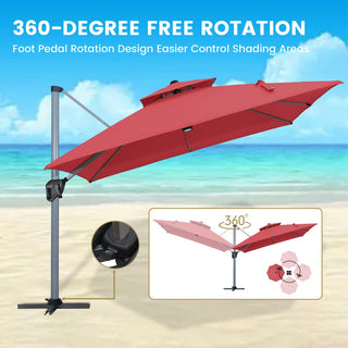 11ft Square Double-Tier Patio Umbrella with LED Lights – Red & Grey Outdoor Market Umbrella (Base Not Included)