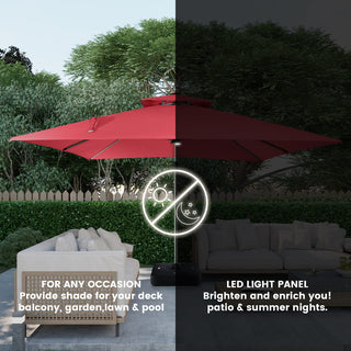 11ft Square Double-Tier Patio Umbrella with LED Lights – Red & Grey Outdoor Market Umbrella (Base Not Included)