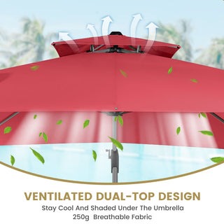 11ft Square Double-Tier Patio Umbrella with LED Lights – Red & Grey Outdoor Market Umbrella (Base Not Included)